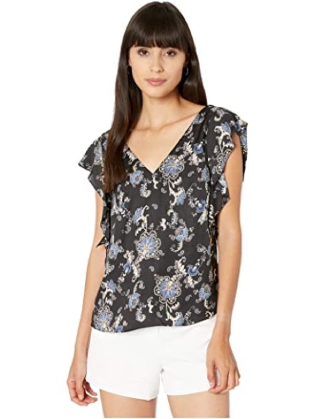Rebecca Taylor Black V-Neck Silk Flutter Sleeve Blouse with Blue Floral Print L